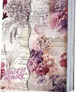 160 Sheets Vintage Flower Scrapbook Paper. Junk Journal Supplies. Purple Pink Flowers with Cursive Script No Repeating Perfect for Junk Journal DIY Cards Craft Albums Scrapbooking Supplies (Purple)